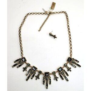 Green Crystal Necklace Gold Brass Tone Fashion Statement Indie Jewelry PD028